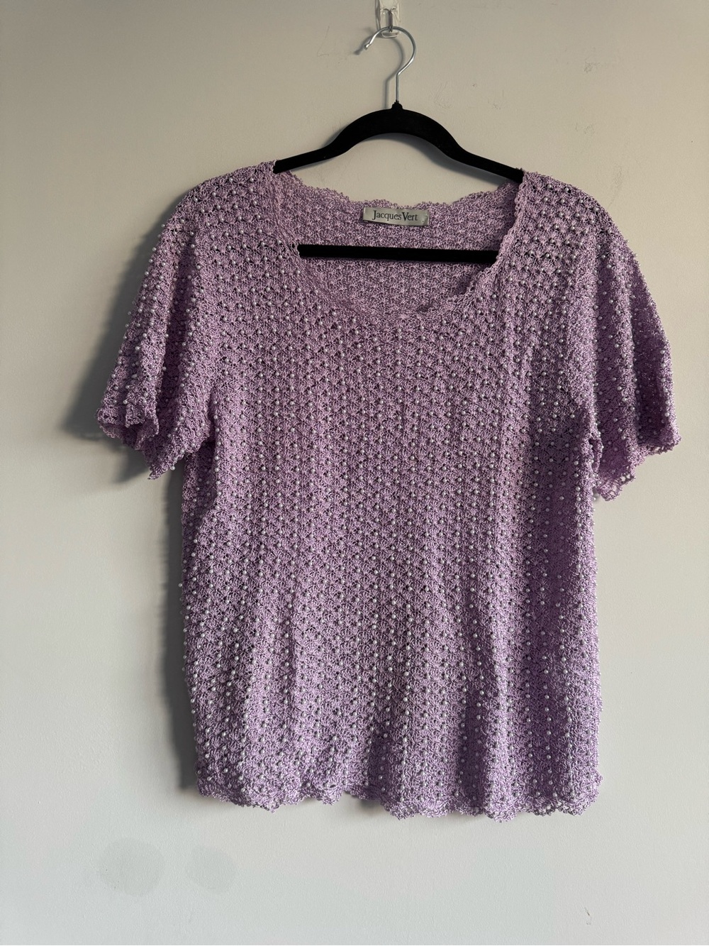 Vintage Jacques Vert Lilac Purple Crochet Knit Short Sleeve Pearl Beaded Top